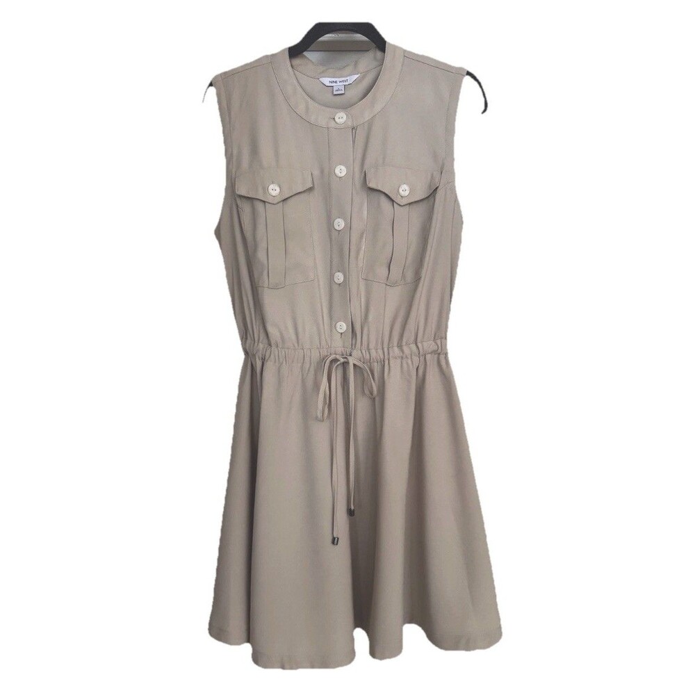 Nine West Beige Sleeveless Button Front Shirt Dress L Pockets Cinched Waist
